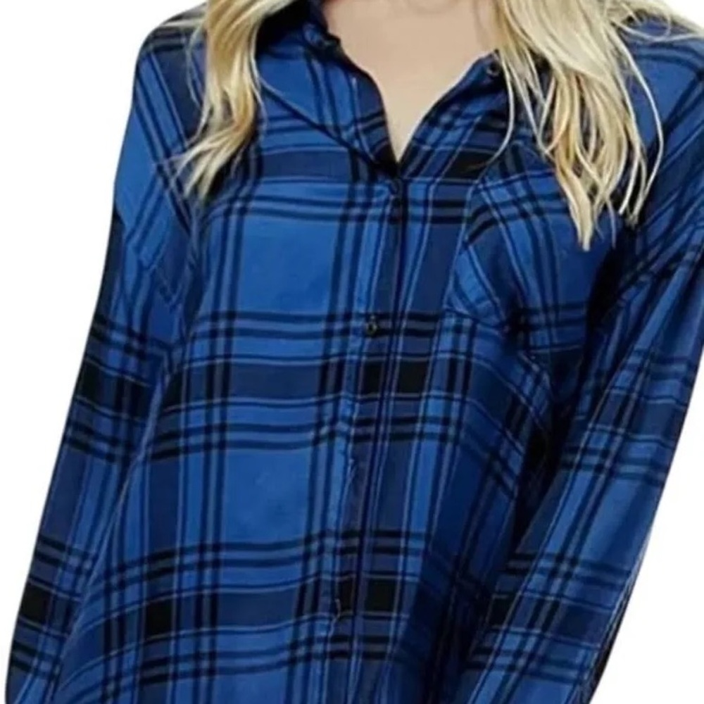 Plaid Blue Boyfriend Shirt Flannel Oversized Fit Long Sleeve Button-Down Pockets